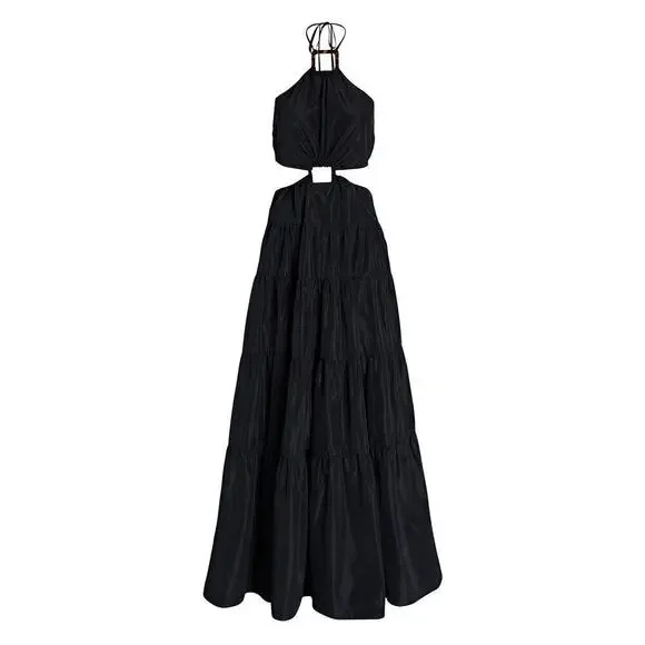 Staud Dome Halter Neck Cut Out Maxi Dress Tiered Skirt Black Size Medium - Picture 2 of 10